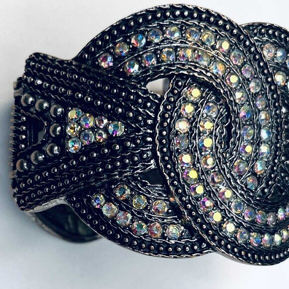 Vintage Rhinestone Cuff Bracelet 1980s, Celtic Knot Design, Silver-Tone Metal - Picture 3 of 6